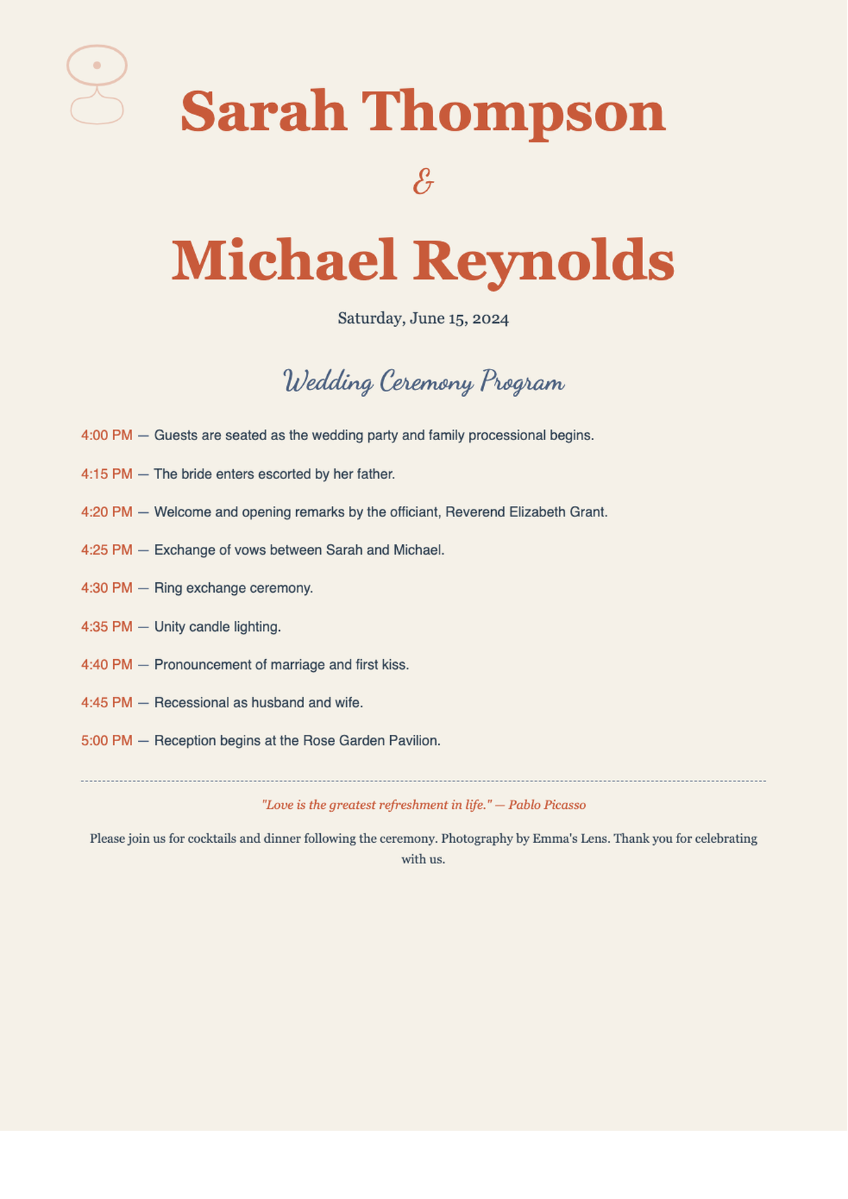 Elegant wedding reception program with floral accents and timeline_variant_1